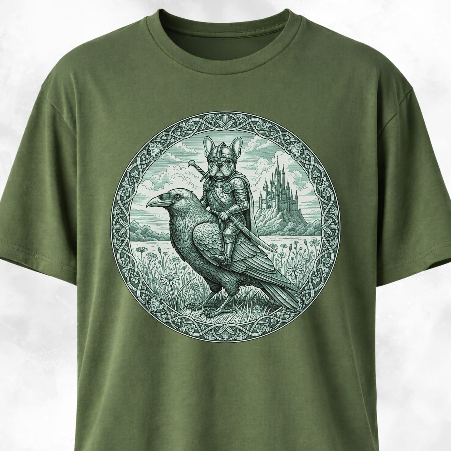Medieval French Bulldog Knight On A Crow T-Shirt