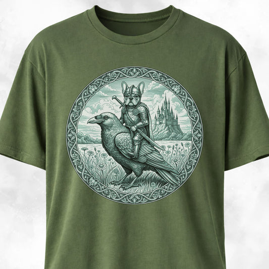 Medieval French Bulldog Knight On A Crow T-Shirt
