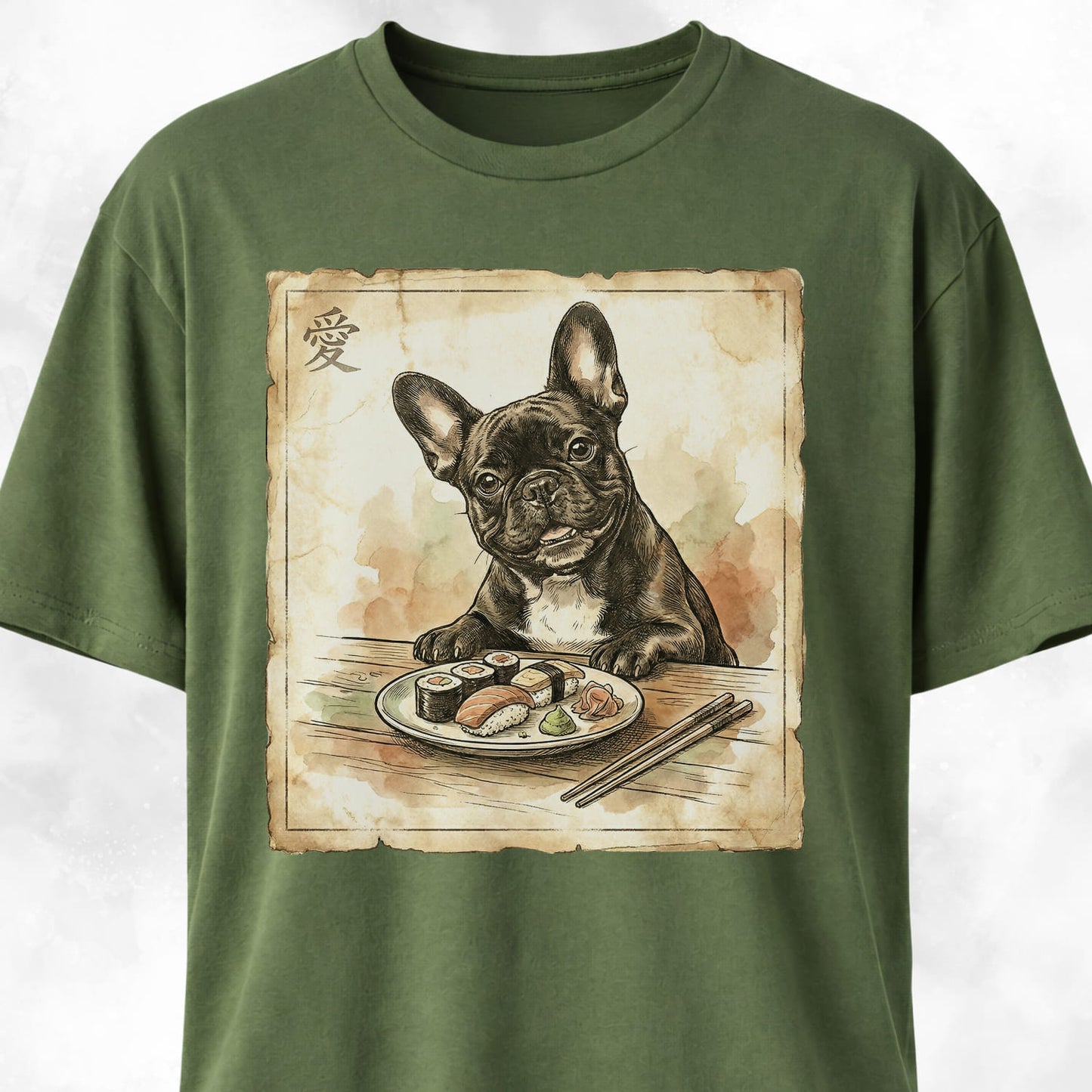 Japanese Frenchie Eating Sushi T-Shirt