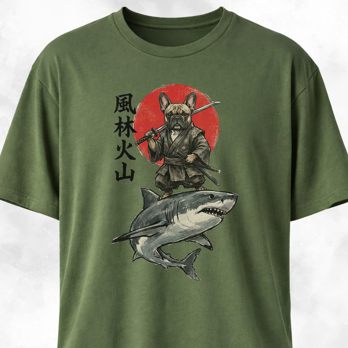 Samurai Frenchie Riding A Shark T-Shirt