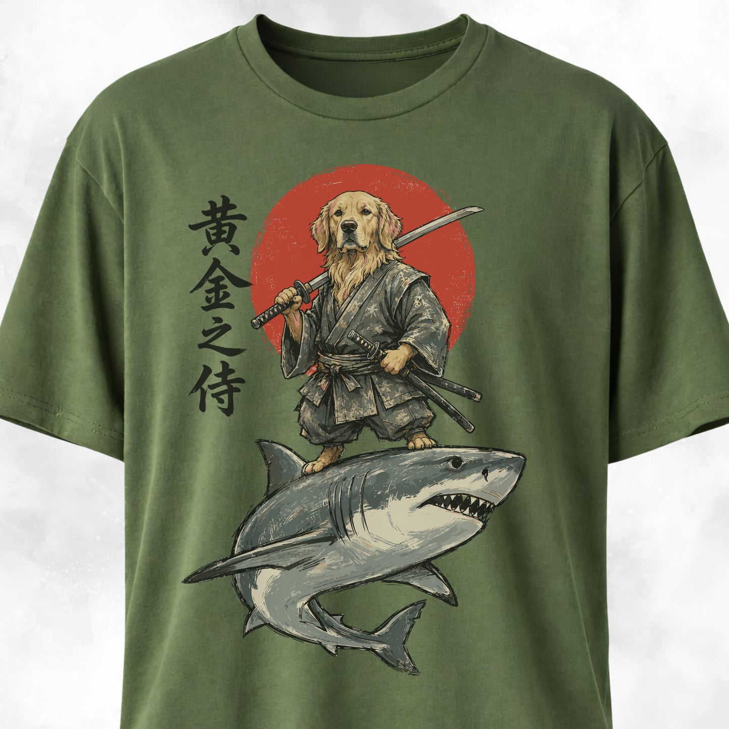 Samurai Golden Retriever Riding A Shark T-Shirt