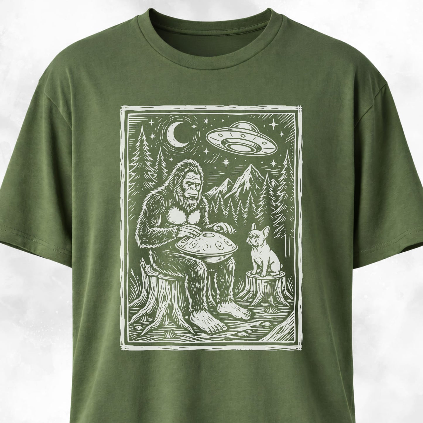 Sasquatch Playing Handpan With Frenchie T-Shirt