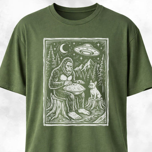 Sasquatch Playing Handpan With Frenchie T-Shirt