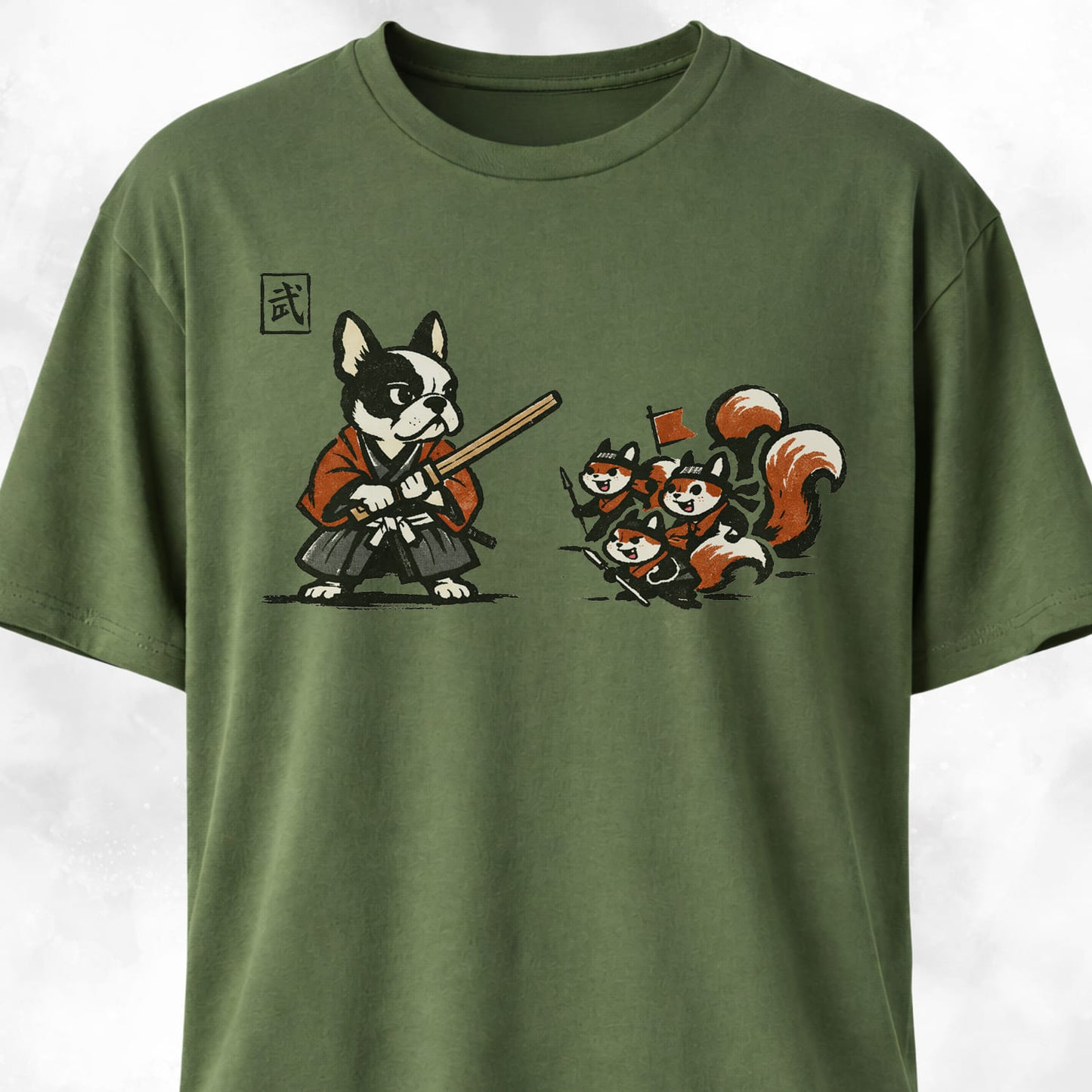 Samurai Frenchie Fighting Squirrels T-Shirt