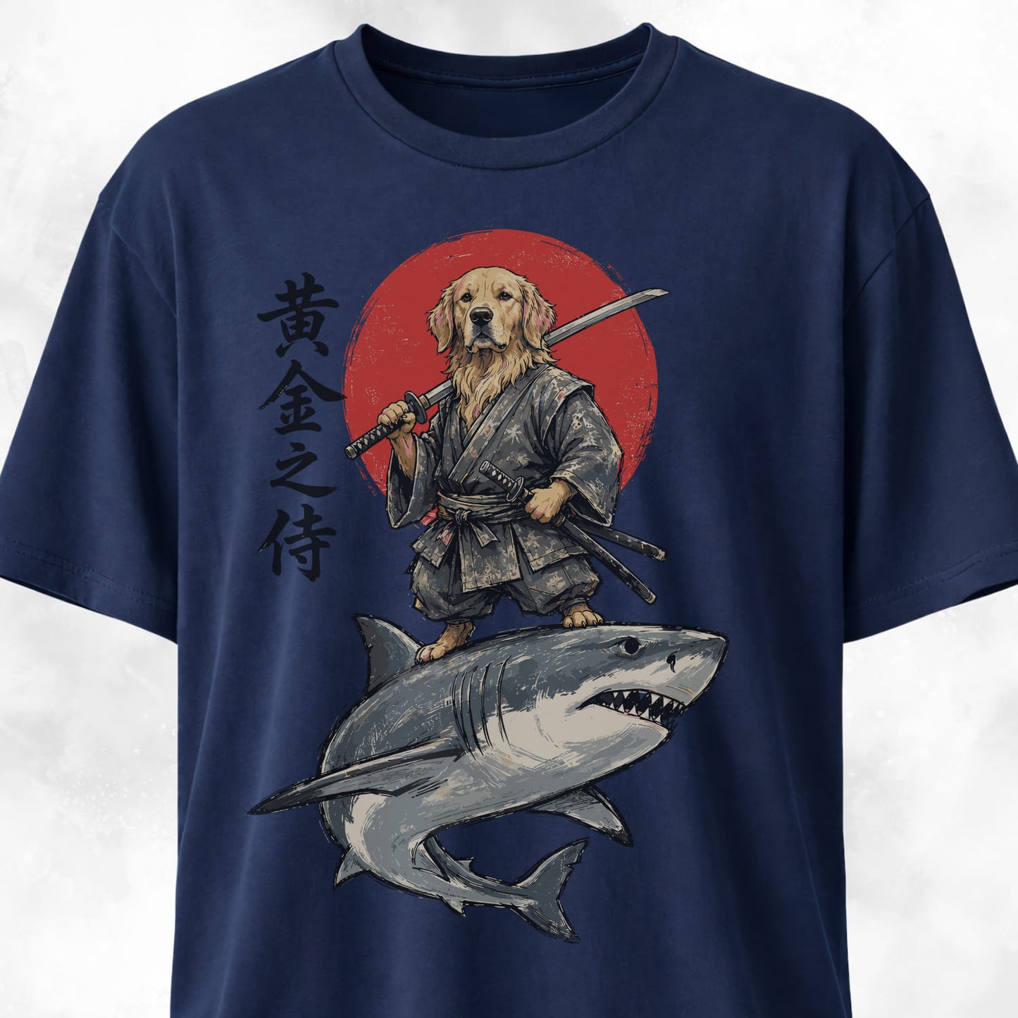 Samurai Golden Retriever Riding A Shark T-Shirt