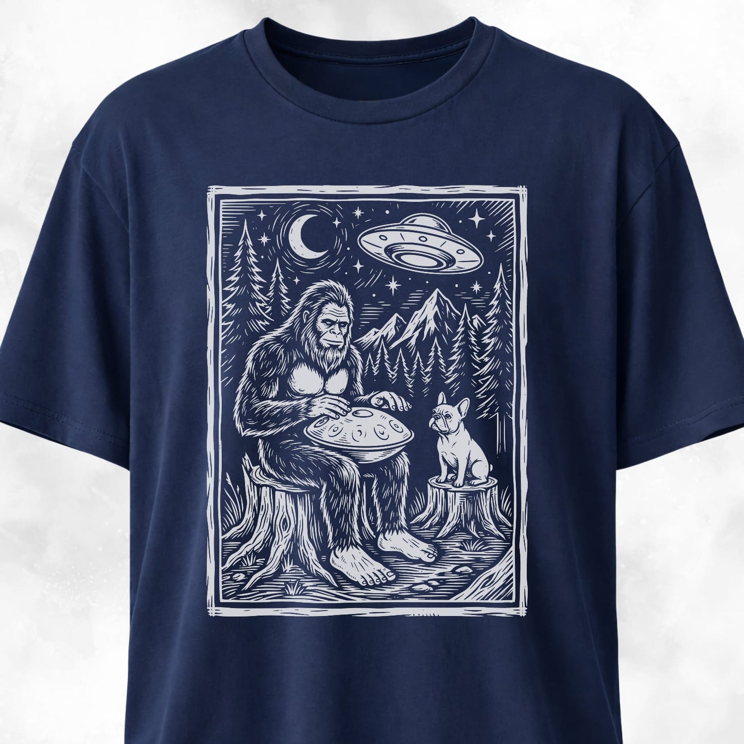 Sasquatch Playing Handpan With Frenchie T-Shirt