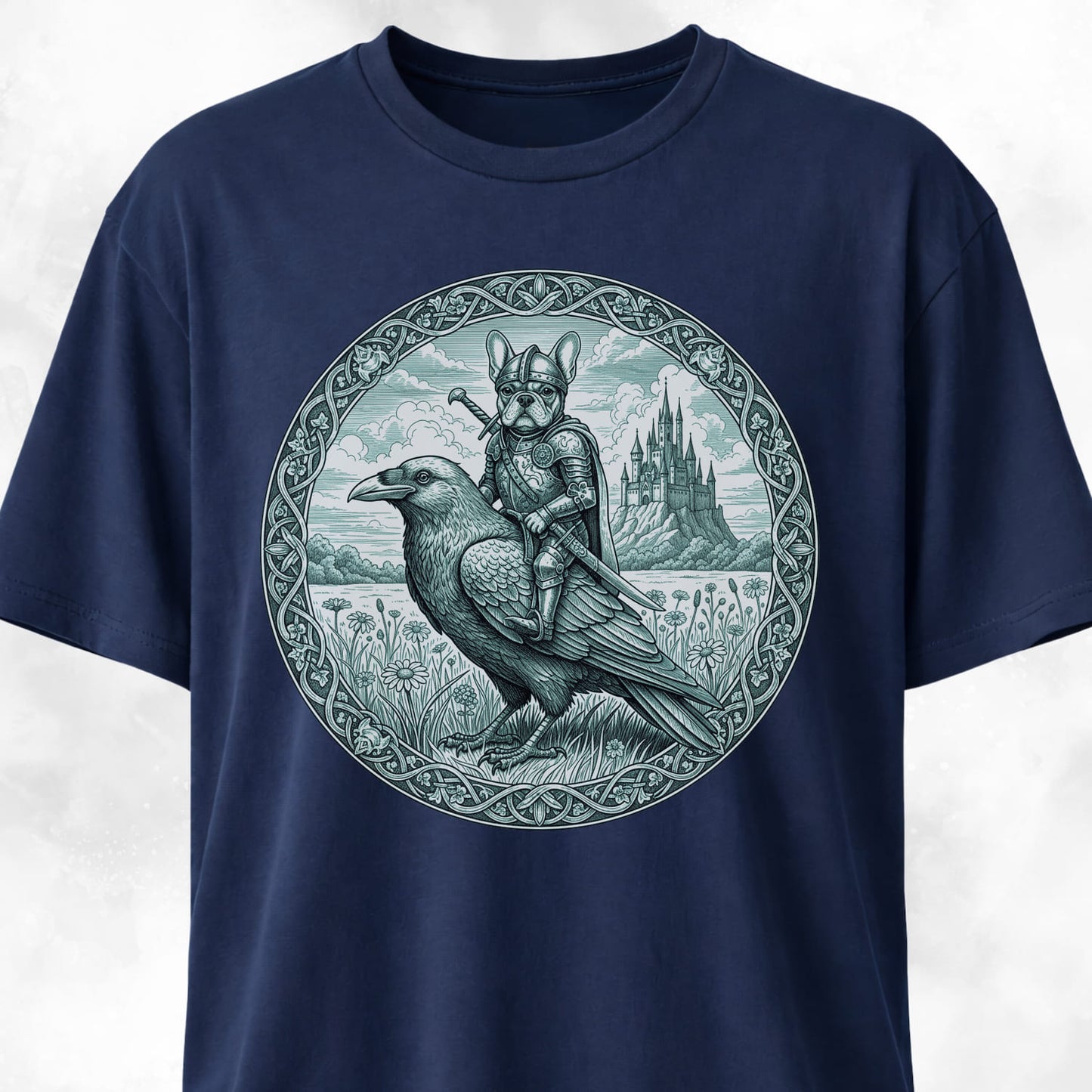Medieval French Bulldog Knight On A Crow T-Shirt