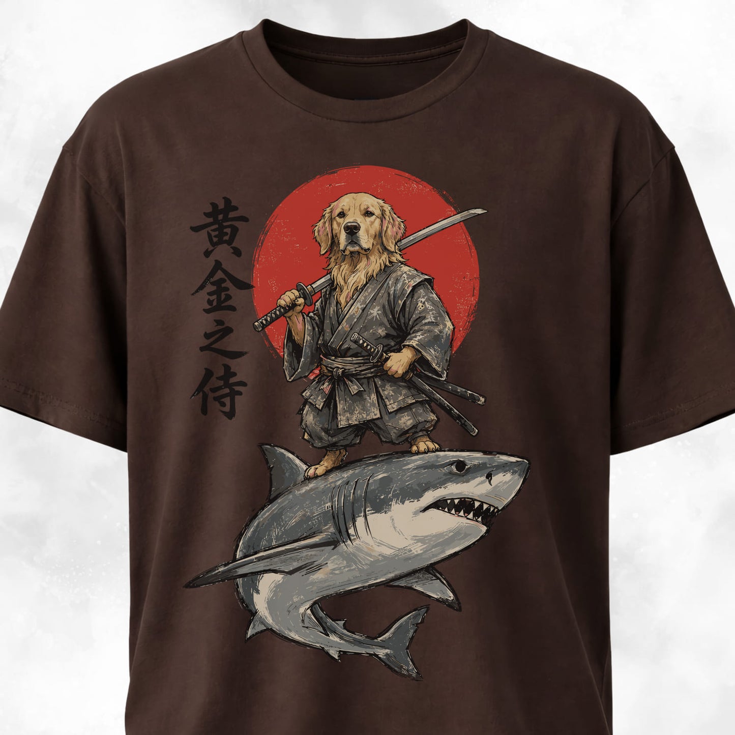 Samurai Golden Retriever Riding A Shark T-Shirt