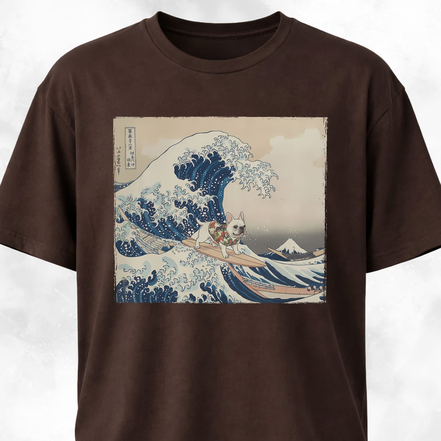 The Great Wave Off Kanagawa Frenchie Surfing T-Shirt