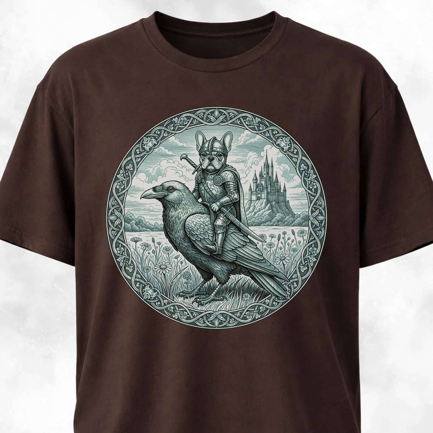 Medieval French Bulldog Knight On A Crow T-Shirt