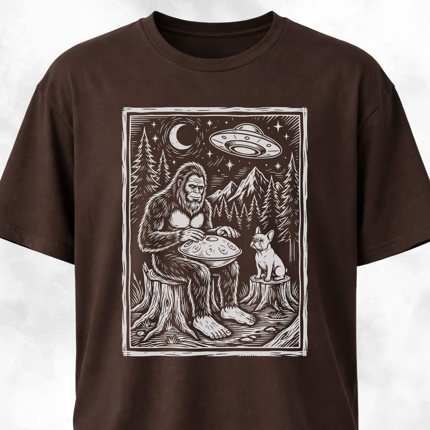 Sasquatch Playing Handpan With Frenchie T-Shirt