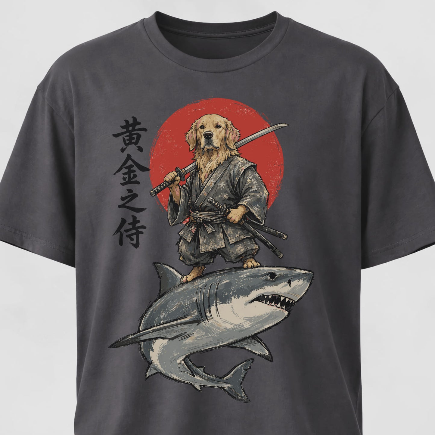 Samurai Golden Retriever Riding A Shark T-Shirt