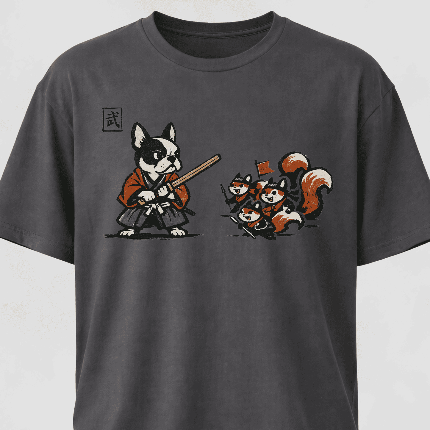 Samurai Frenchie Fighting Squirrels T-Shirt