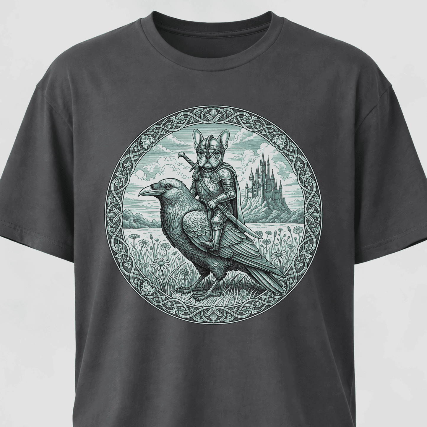 Medieval French Bulldog Knight On A Crow T-Shirt