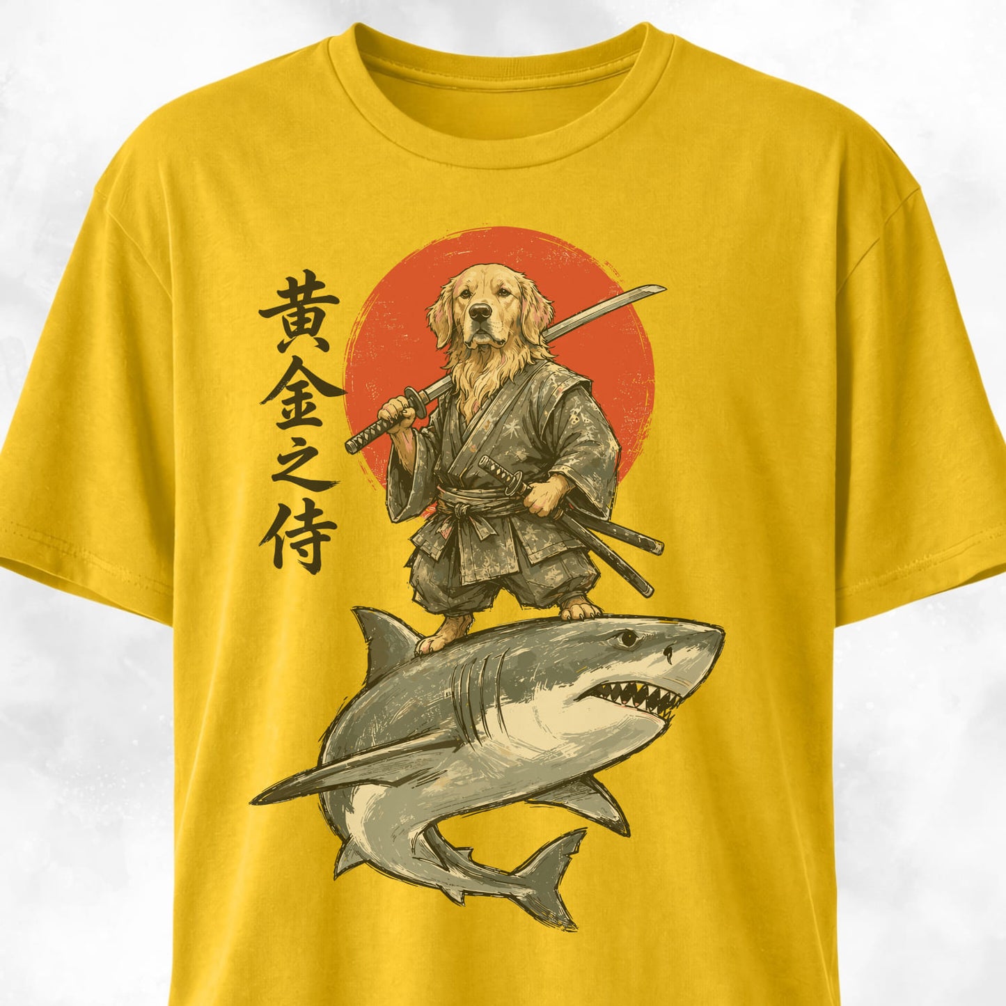 Samurai Golden Retriever Riding A Shark T-Shirt