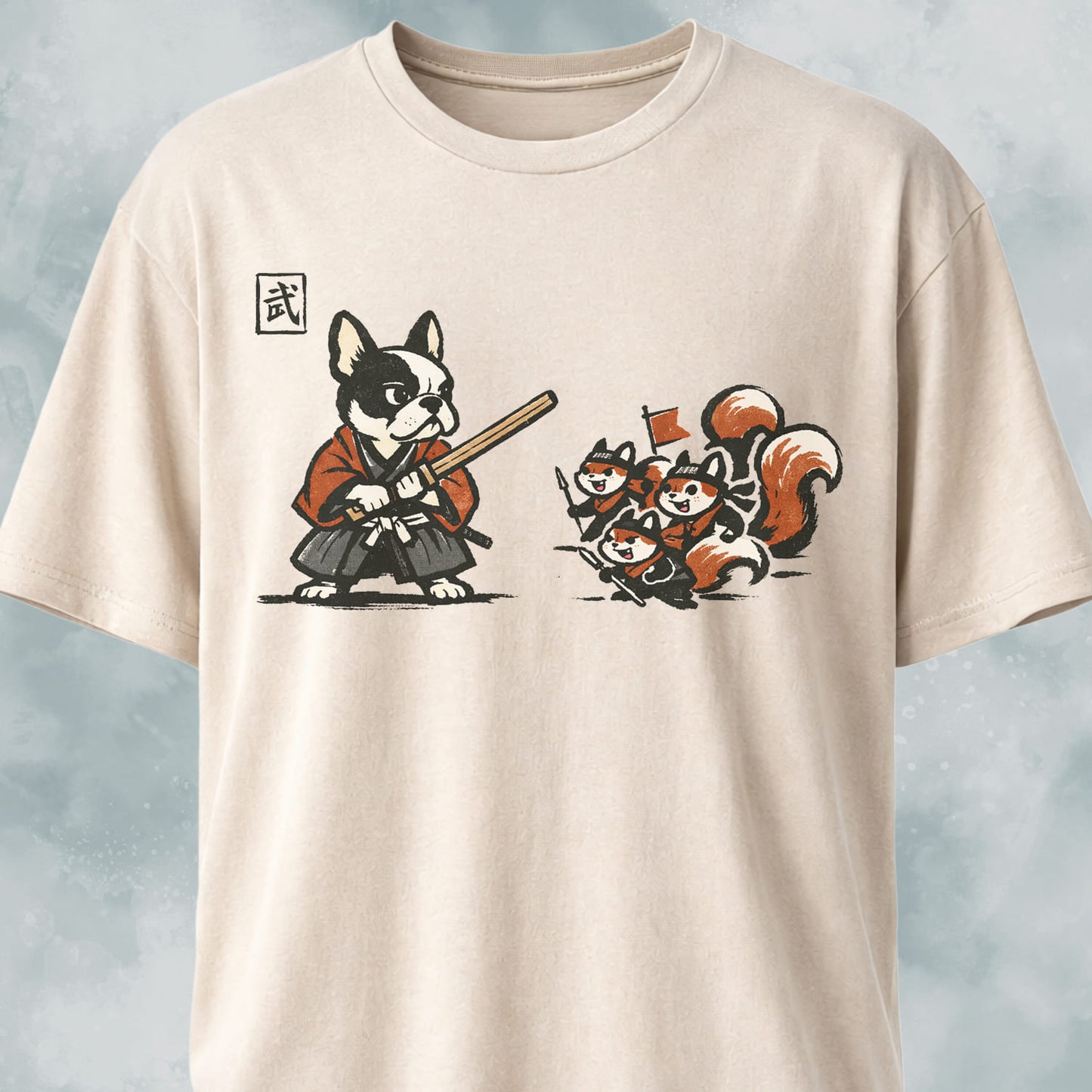 Samurai Frenchie Fighting Squirrels T-Shirt