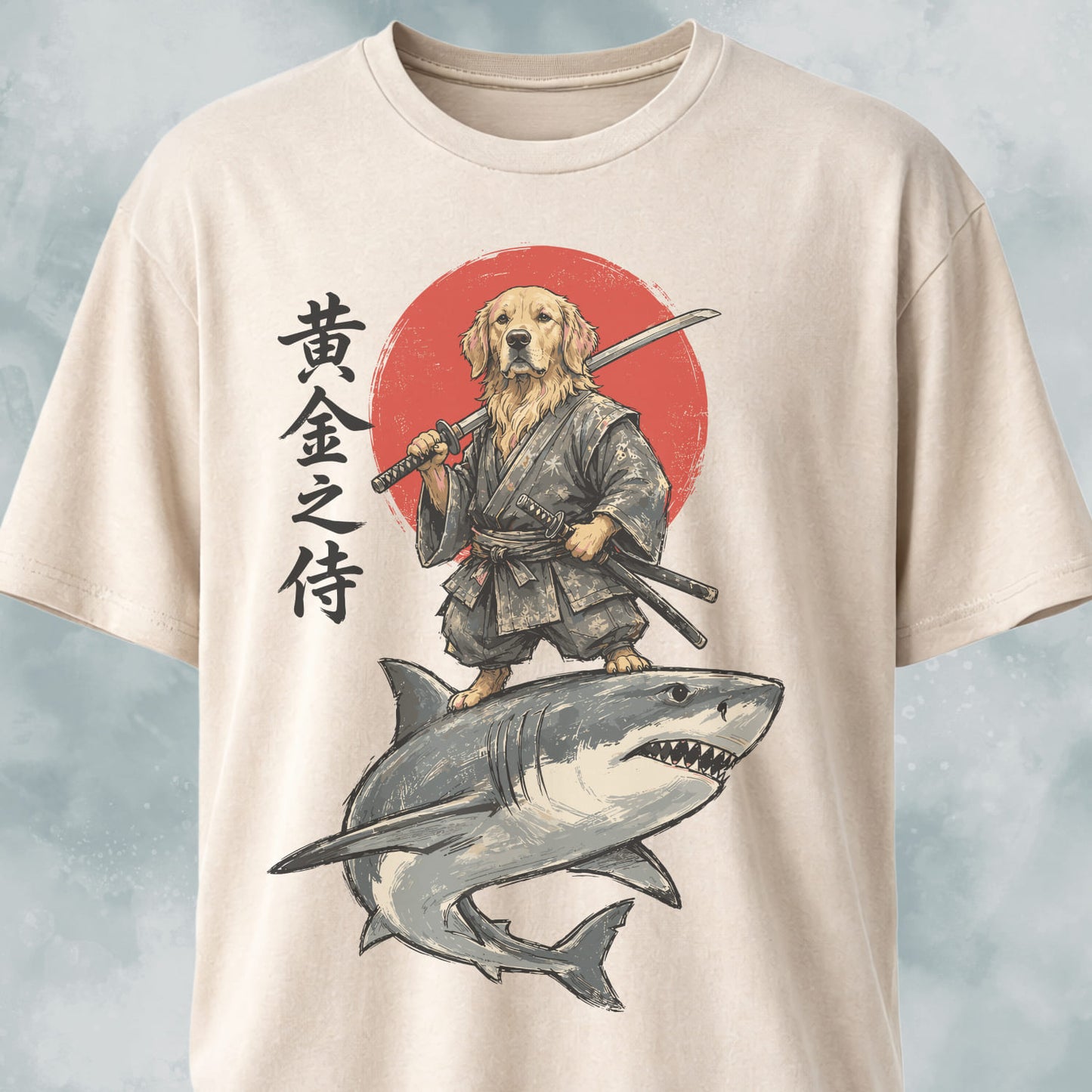 Samurai Golden Retriever Riding A Shark T-Shirt