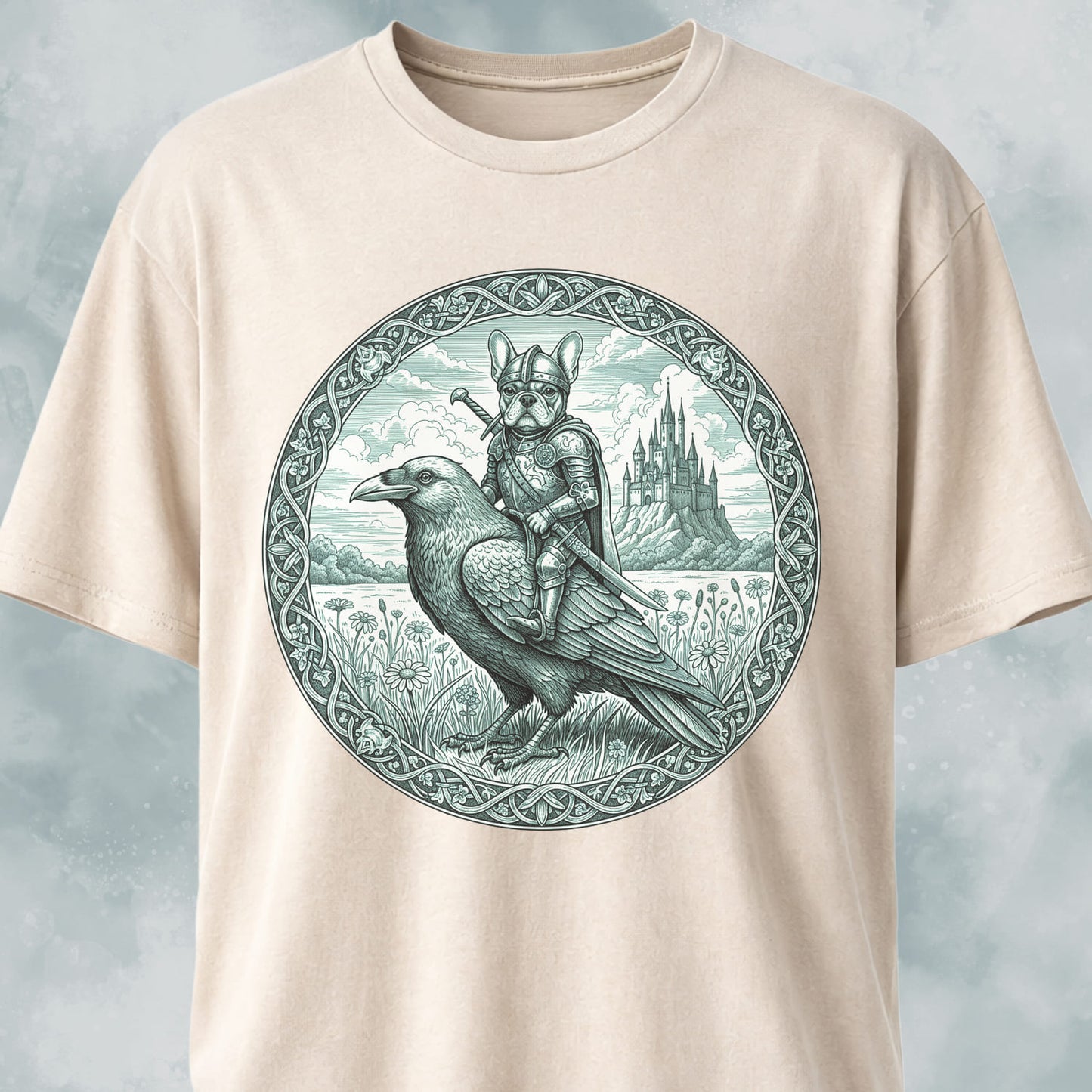 Medieval French Bulldog Knight On A Crow T-Shirt