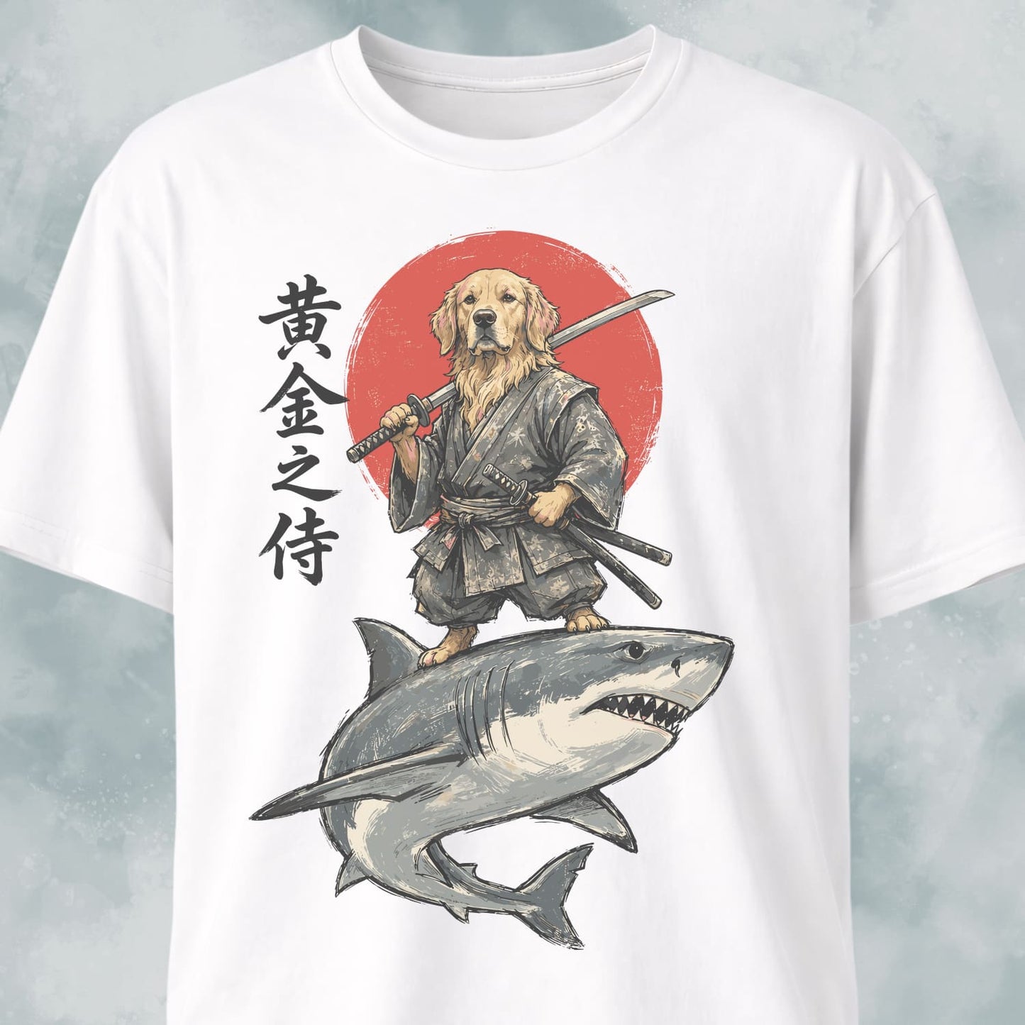 Samurai Golden Retriever Riding A Shark T-Shirt