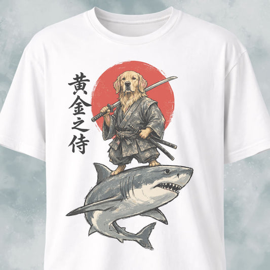 Samurai Golden Retriever Riding A Shark T-Shirt