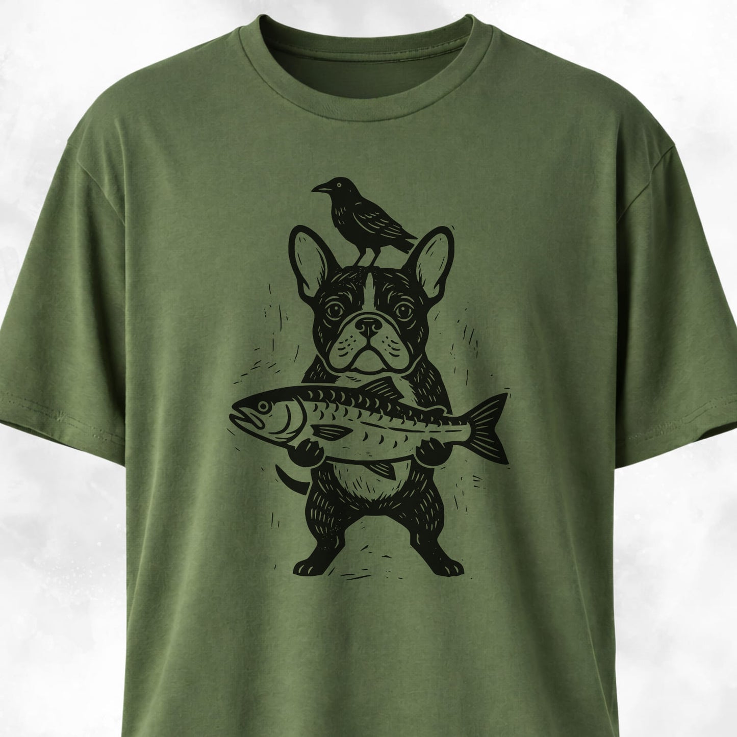 Frenchie With Fish And Crow T-Shirt