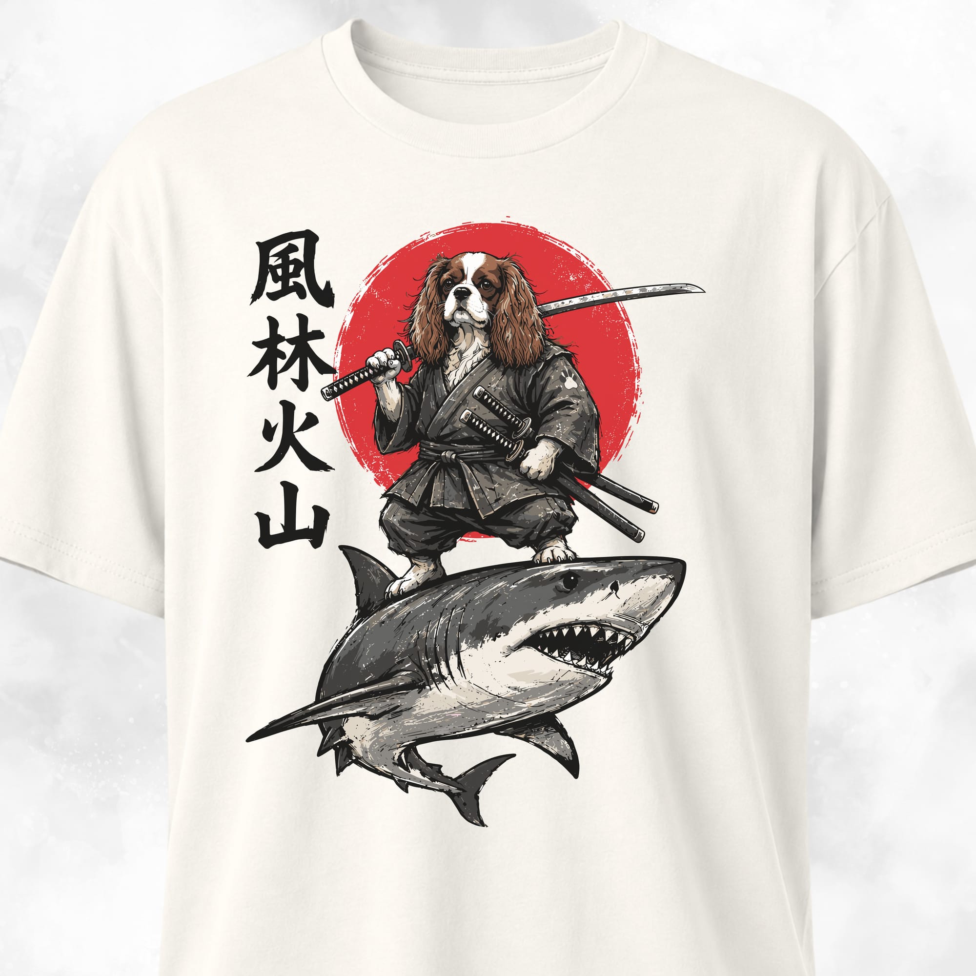 Samurai Cavalier King Charles Spaniel Riding A Shark T-Shirt – Tail Gang
